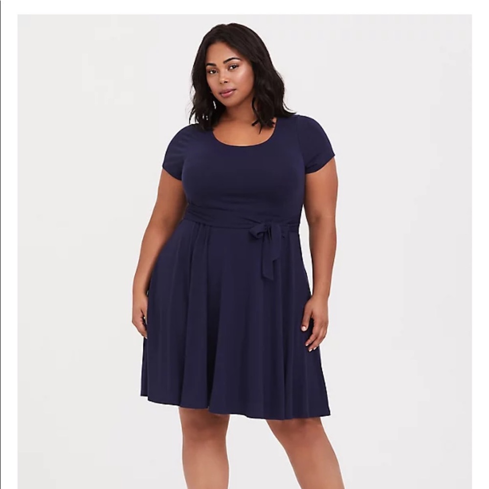 NAVY JERSEY TIE-FRONT SKATER DRESS